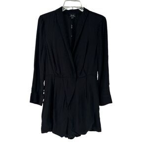 Bardot Romper Black Long Sleeve Deep V Neck Size S US 6 Silky Dot Night Out Chic